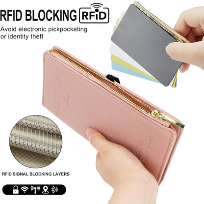 DOB SECHS Leather Passport Wallet for Women, RFID Blocking Passport Holder with Zipper for Travel, Credit Card Cover Case, Travel Document Organizer Pouch Bag +ID Window+Cash Pocket+SIM Slot, Pink