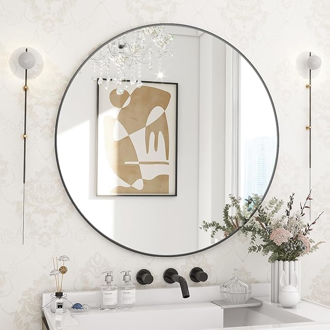 BEAUTYPEAK 24 Inch Round Mirror, Metal Frame Circle Mirror, Wall Mounted for Entryway, Bathroom, Vanity, Living Room, Black