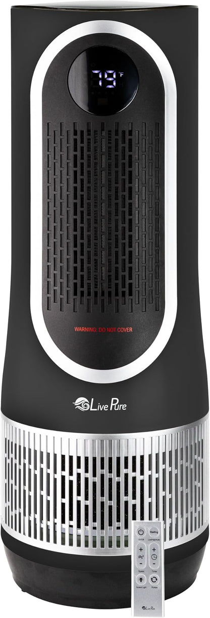 LivePure 3-in-1 LP500 Clean Heat Air Purifier & Electric Heater – Oscillating Portable Heater with 2 Heat Modes and Air Filtration – Heater for Indoor Use in Bedrooms, Home Office & Apartments, Black