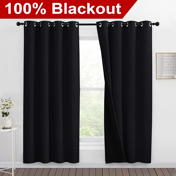 NICETOWN 100% Blackout Window Curtain Panels, Full Light Blocking Drapes with Black Liner for Nursery, 78 inches Drop Thermal Bedroom Drapes and Curtains (Black, 2 Pieces, 55 inches Wide Per Panel)