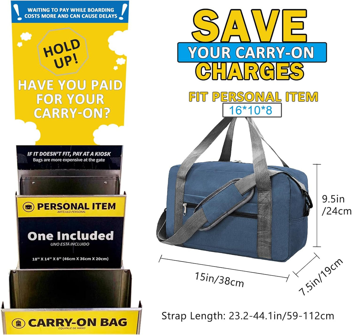 15 Inch Small Carry On Bags for Airplanes Spirit Airlines Personal Item Bag Underseat Foldable Travel Duffle Gym Bags for Women Men(20L,Navy)