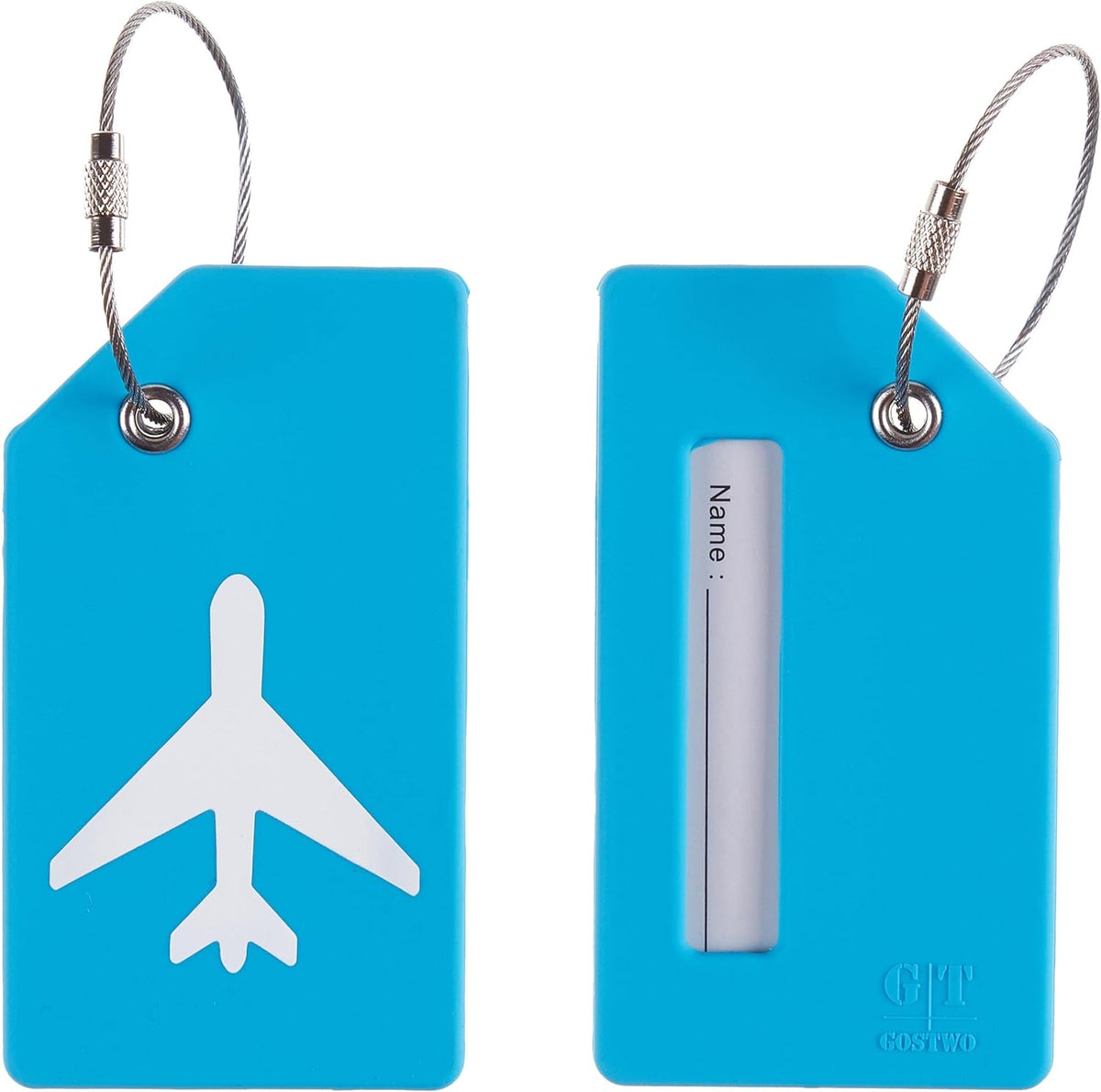 Gostwo 2 Pack Silicone Luggage Tags for Suitcases, 26 Initial Letter Baggage Labels Handbag School Bag Suitcase Instrument Tag with Stainless Steel Loop(Sky Blue)(Airplane)