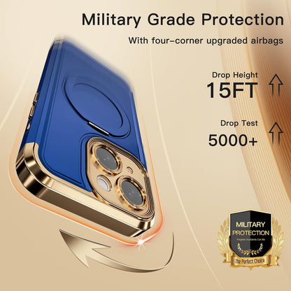 COOLQO for iPhone 13 Case 6.1'' Upgraded 360° Spin Magnetic Stand [Compatible with Magsafe][Military Protection] Plating Matte Scratch-Resistant Back Protective Shockproof Phone Case, Blue Gold