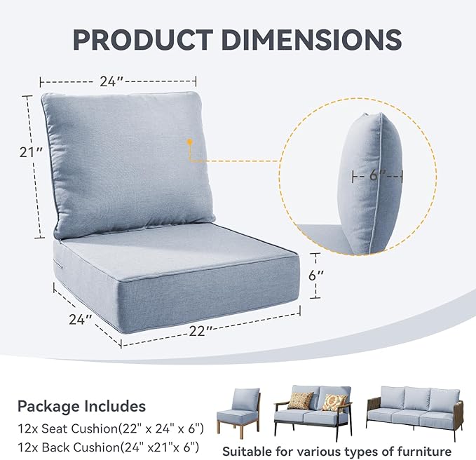 Outdoor Cushion Set for Furniture Patio Furniture, UV Resistant, Water Resistant - 6 Inch Thick Foam Garden Cushions – 22x24 Inch Patio Seat Covers for Chair/Sofa/Couch | Baby Blue | 12-Pack |