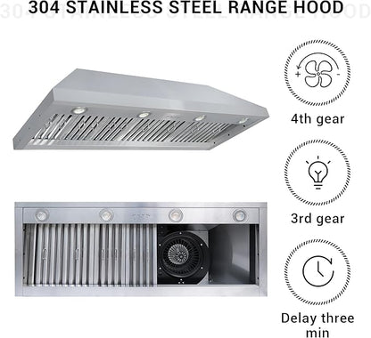 CHETTO C Stainless Steel Range Hood Cover with 4-Speed Vent Hood Insert Custom Handcrafted Metal Kitchen Fan with Towel Rack LED Light 48"W x27"D x27"H White Island Mount