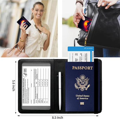 Passport and Vaccine Card Holder Cover Combo,Travel Passport Holder Wallet with RFID Blocking, Leather Vaccine Card Slot Passport Cover Case for Women & Men,Beautifu Sunset and Mountains