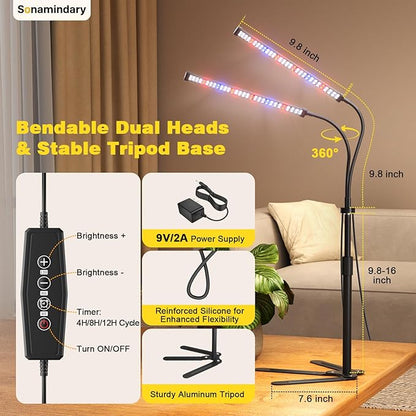 Grow Lights for Indoor Plants, 9V 5700K 120LEDs Full Spectrum Plant Lights for Indoor Growing, Height Adjustable 9.8-35'' with Stable 360° Flexible Arm, Auto 4/8/12H Timer, 5 Brightness Levels