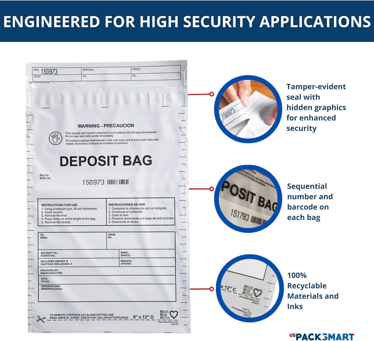 Opaque Plastic Deposit Bags 10"x13" | Secure Bank Deposits, Cash Handling or Safe Currency Transportation | Sequential Barcodes | Tamper-Evident, Tear-Off Receipt for Security | 100-Pack