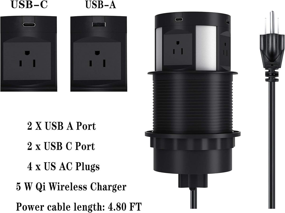 Automatic Pop Up Outlet for Countertop, Recessed Power Strip with 4 AC Outlets, 2 USB A, 2 USB C Pop Up Socket, Wireless Charger Station for Kitchen Conference Workbench, ETL Listed