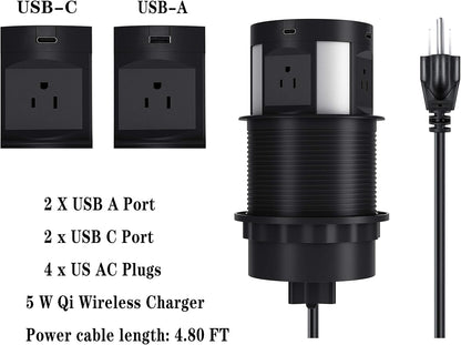 Automatic Pop Up Outlet for Countertop, Recessed Power Strip with 4 AC Outlets, 2 USB A, 2 USB C Pop Up Socket, Wireless Charger Station for Kitchen Conference Workbench, ETL Listed