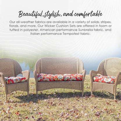 RSH DECOR: 3-Piece Wicker Tufted Cushion Set | for Large Wicker Sets | Outdoor Loveseat & U-Shaped Seat Cushions | Water & Fade-Resistant Spun Fabric | Crestwood Marine - Made in USA