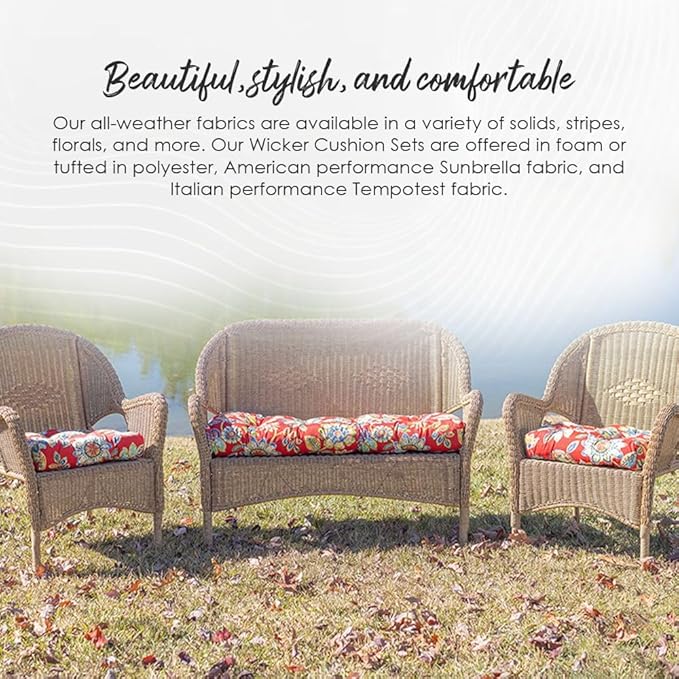 RSH DECOR: 3-Piece Wicker Tufted Cushion Set | for Large Wicker Sets | Outdoor Loveseat & U-Shaped Seat Cushions | Water & Fade-Resistant Spun Fabric | Telfair Peacock Blue - Made in USA