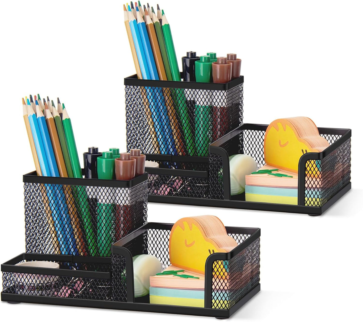 Comix Mesh Pen Pencil Holder Desk Organizer, 3 Compartment Wire Desktop Pen Pencil Cup Caddy Office Supplies Accessories for Home Office School, Black(2 Pack)