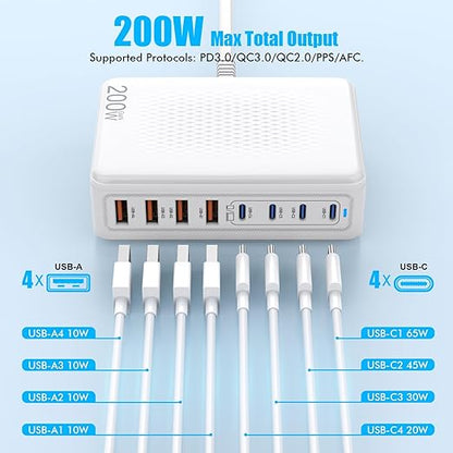 USB C Charger Block, 200W GaN 8 Port USB C Charging Station USB Hub Block Cube