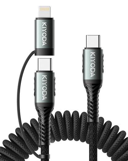 Coiled USB C to Lightning Cable 3FT, 2 in 1 iPhone 15 Charger Cord for Car Nylon Braided Multi Type C to TypeC Fast Charging Cables for iPhone 15 14 13 12 11 iPad, Samsung Galaxy Sony - 1Pack