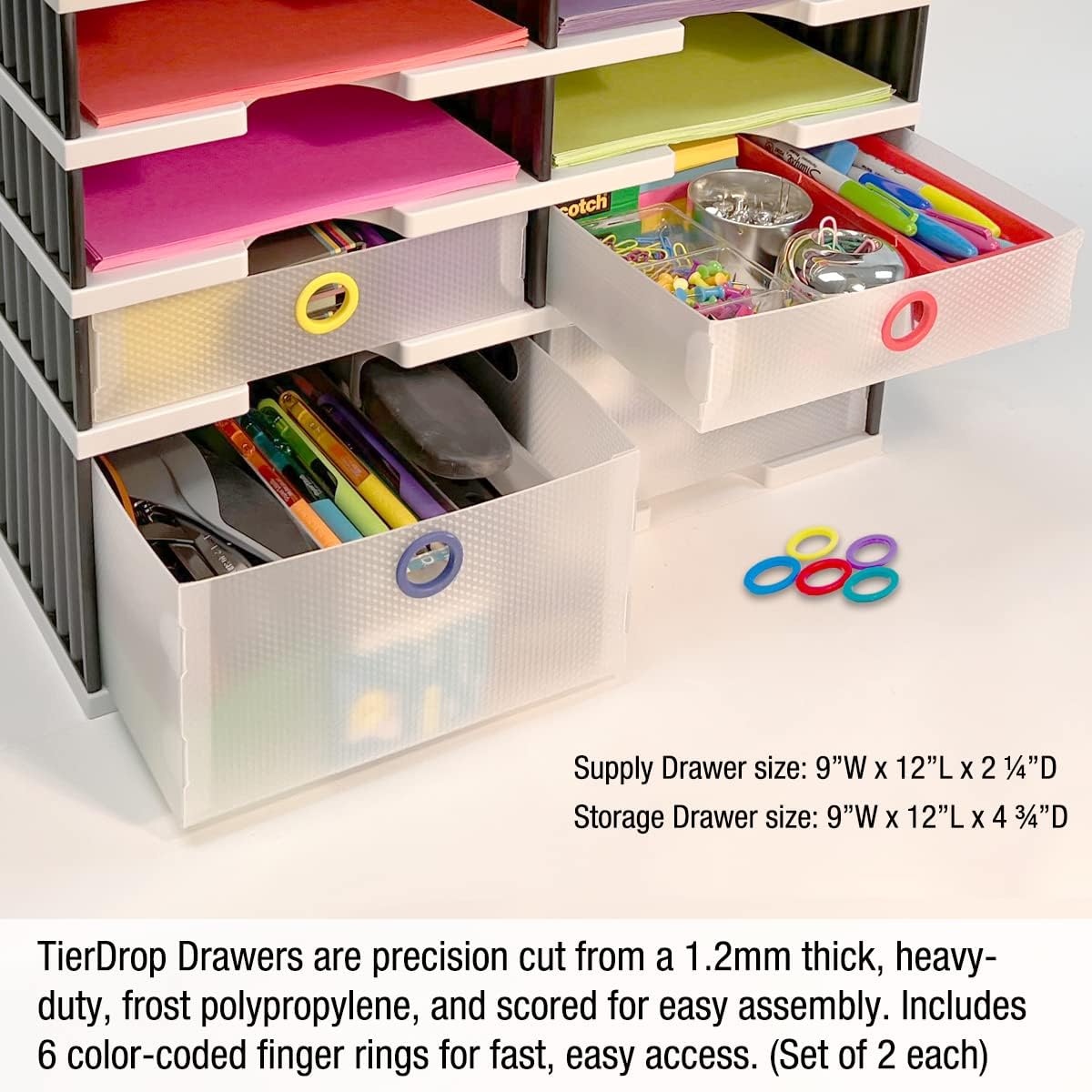 Desktop Organizer 8 Letter Tray Sorter Plus Riser Base, 2 Supply & 2 Storage Drawers - TierDrop Plus Keeps All of Your Documents & Supplies in Clear View & Within Arm's Reach Using Minimal Desk Space