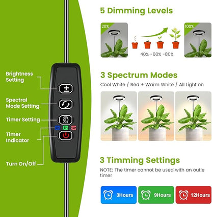 Kullinss Grow Light, 48 LEDs Full Spectrum Plant Lights for Indoor Growing, Small Plant Grow Light with 3/9/12H Timer, 3 Color Modes, 10 Brightness, Height Adjustable Grow Lamp for Small Plants