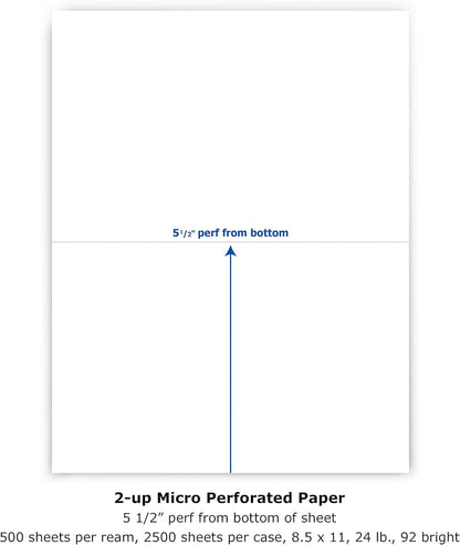 PrintWorks Professional Half Sheet Perforated Paper 8.5” x 11” - Perfect For W-2, 1099, & Statement Use - Made in the USA - 2500 Sheets - 24 lb - A5 Paper - Printer Compatible - White (04118C)