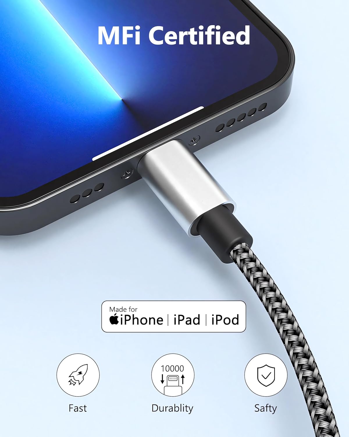 IDISON [MFi Certified iPhone Charger, 5Pack(3/3/6/6/10FT) iPhone Charging Cable Nylon Braided Fast Charging Cord Compatible for iPhones/Pad-BlackGrey