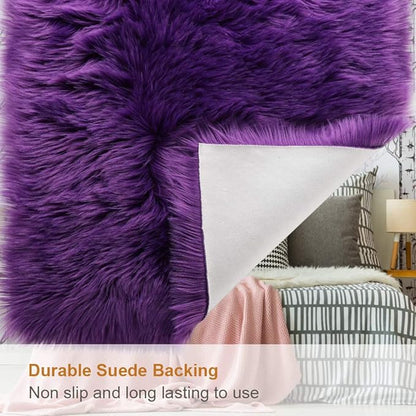 LOCHAS Soft Fluffy Faux Fur Rugs for Bedroom Bedside Rug 4x6, Washable Furry Area Rug Carpet for Living Room Dorm Floor, Durable Faux Throw Carpets, Purple