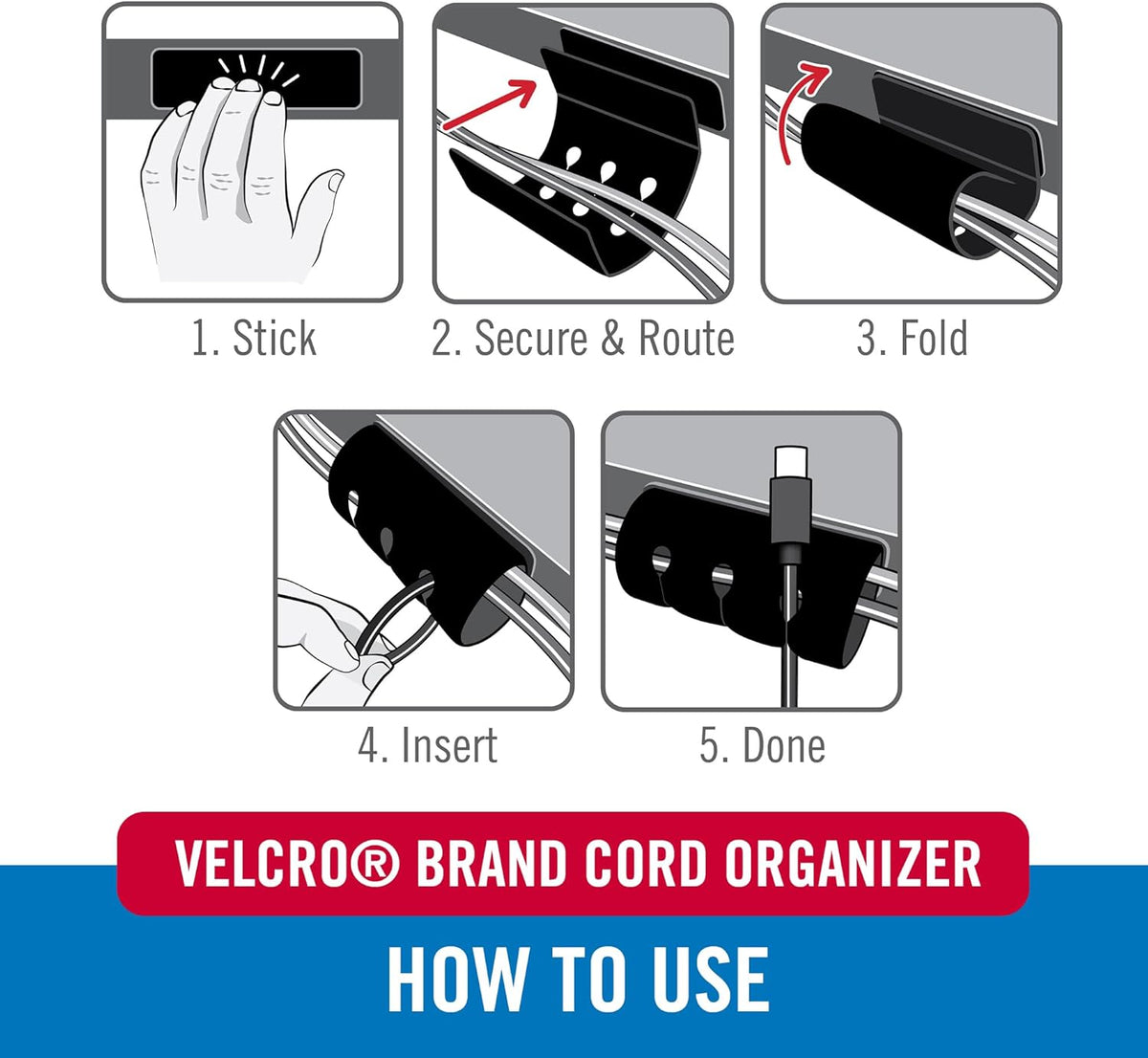 VELCRO Brand Cord Organizer for Desk Cable Management, Nightstand Organization, Unique Dual Function Cable Sleeve Cord Keepers Combo, Holds Wires for Easy Access, Route to Hide, Medium 2pk Black
