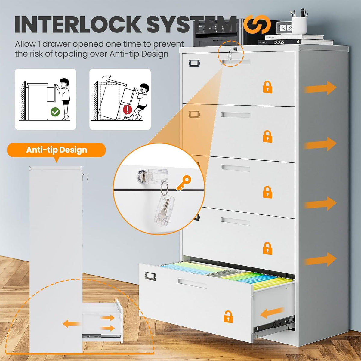 5 Drawer File Cabinets for Home Office, Metal Filing Cabinet with Lock, White Locking File Caninet Five Drawer, Office Storage Caninets Steel Cabnet for Letter/Legal/A4/F4-Assembly Required
