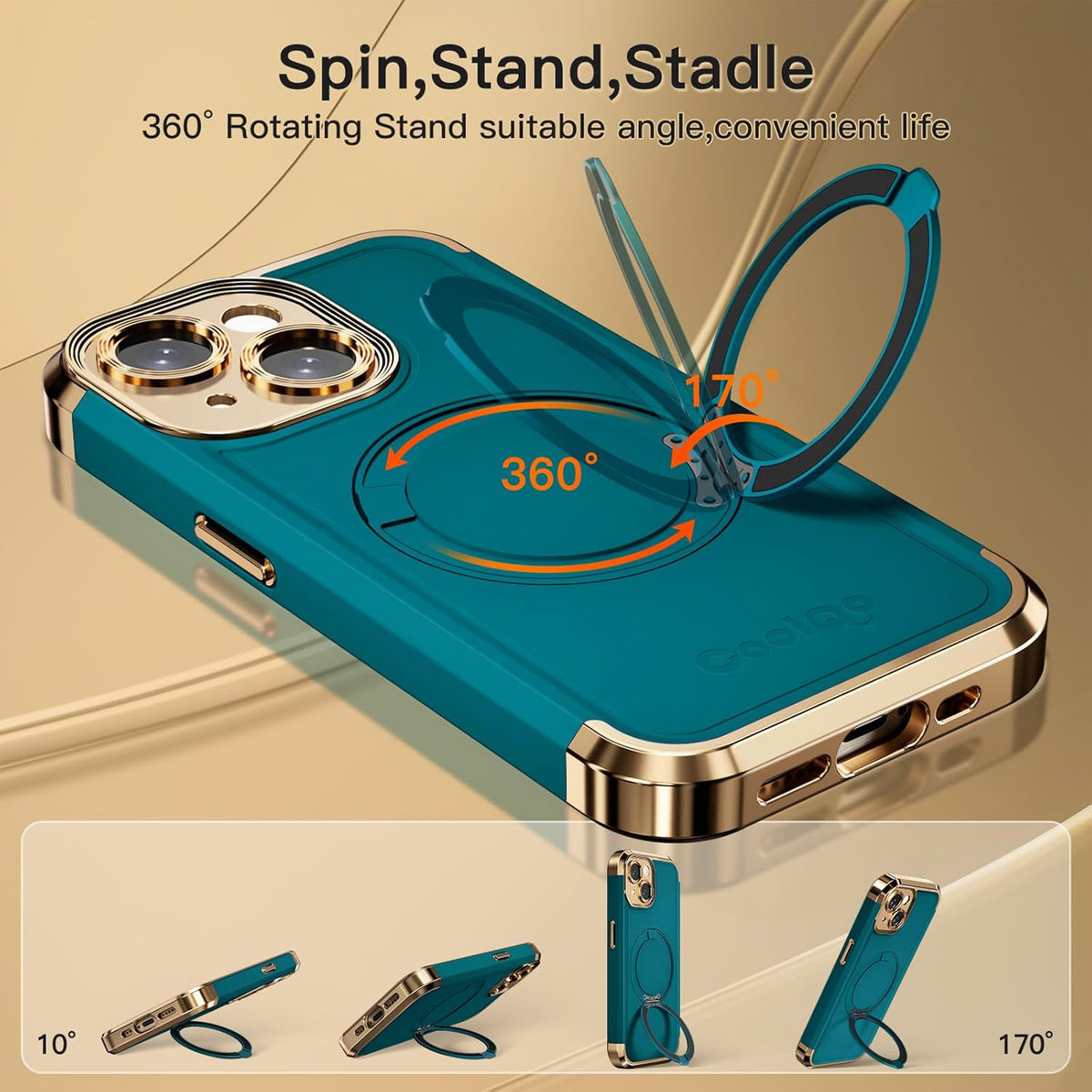 COOLQO for iPhone 15 Case 6.1'' Upgraded 360° Spin Magnetic Stand [Compatible with Magsafe][Military Protection] Plating Matte Scratch-Resistant Back Protective Shockproof Phone Case, Green Gold