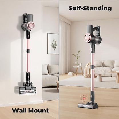 Cordless Vacuum Cleaner, Powerful Lightweight Stick Vacuum with Self-Standing, Anti-Tangle, 8-in-1 Rechargeable Vacuum Cleaners for Home, Hardwood Floors, Carpet, Pet Hair (Pink)