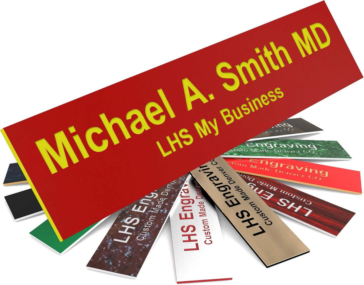 Door Name Plate Personalized for Office Red Plastic Name Plate with Yellow Letters - Made in USA 2x4 B22
