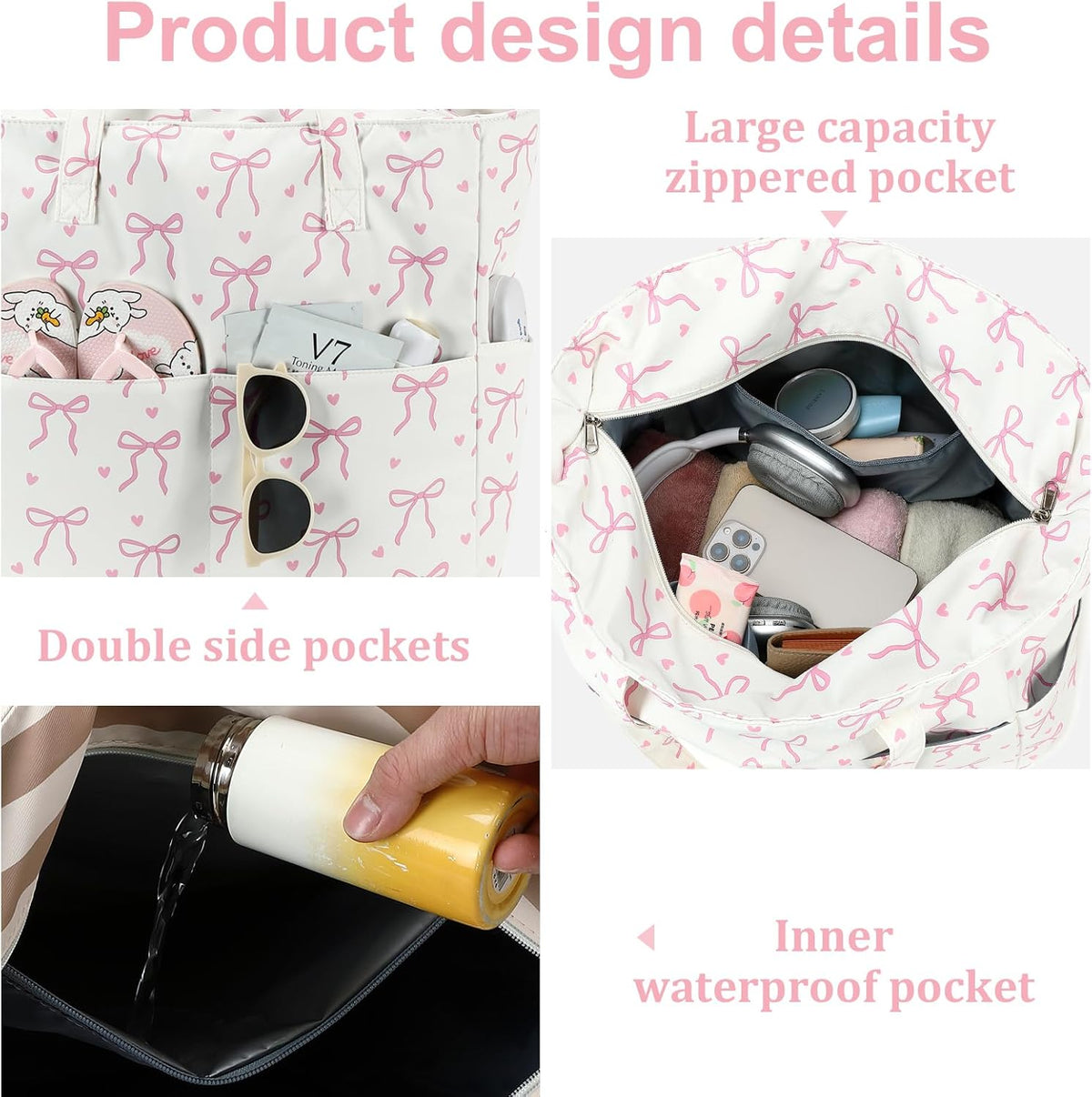 LEDAOU Beach Bag Waterproof Sandproof Women Tote Bag Pool Bag with Zipper for Gym Grocery Travel with Wet Pocket