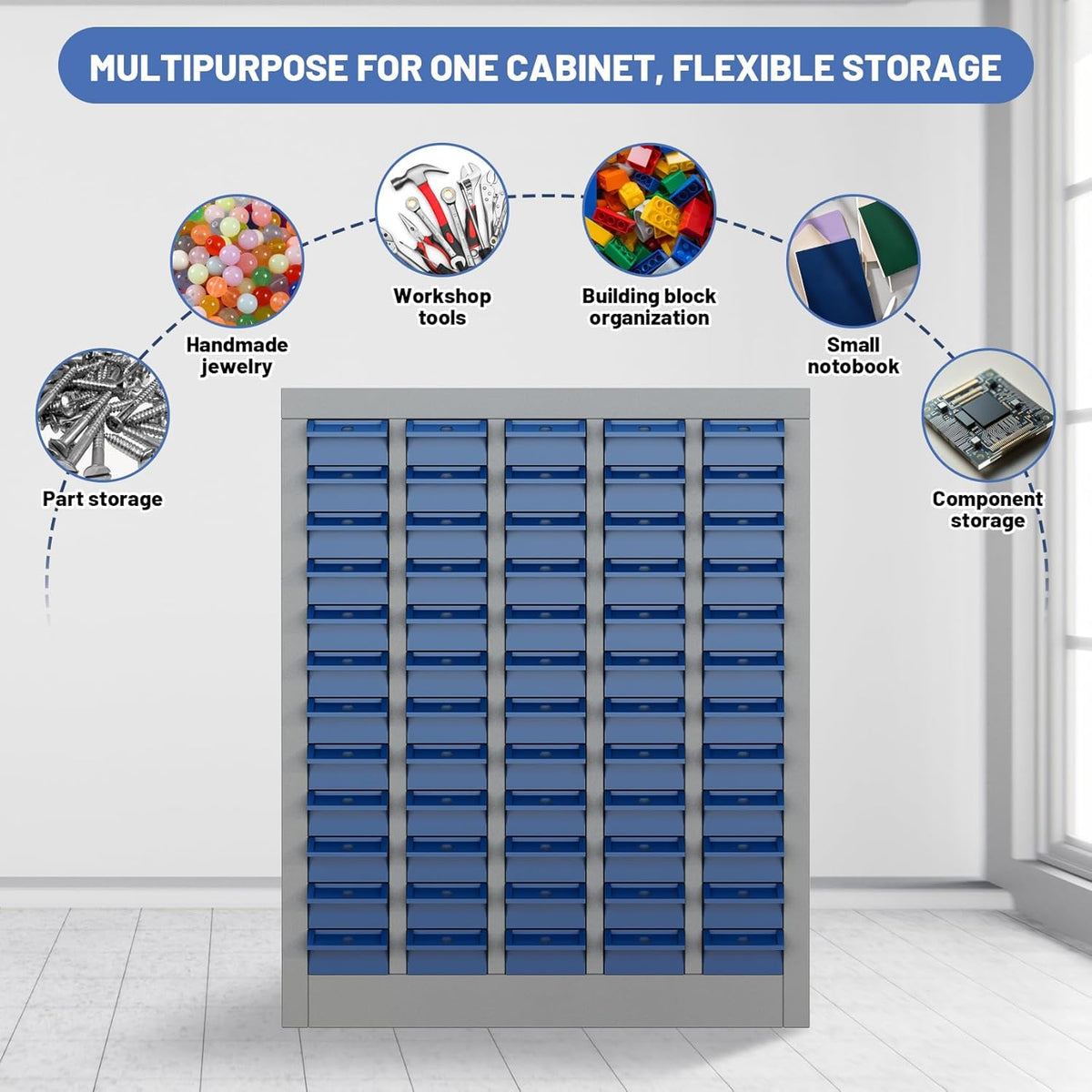 60-Drawer Parts Storage Cabinet, Multi-Purpose Organizer for Screws, Bolts, Nails, Craft Supplies, Legos, Tools, Compact Plastic Drawer Unit, Hardware Organizer for Garage, Workshop, Classroom