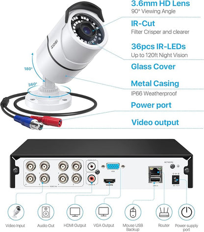 ZOSI 1080p H.265+ Security Camera System for Home, 5MP Lite 8 Channel CCTV DVR and 8 x 1080p Weatherproof Bullet Cameras Outdoor Indoor with 120ft Night Vision and 105°Wide Angle (No HDD Included)