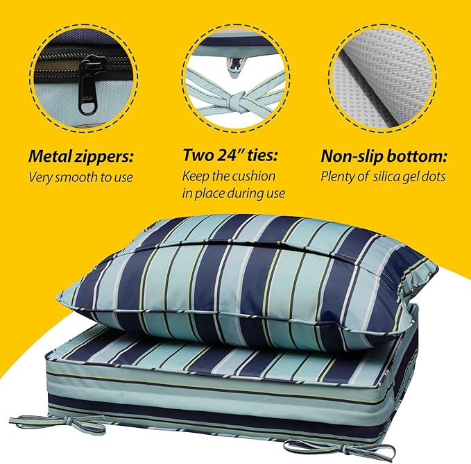 AAAAAcessories Outdoor Seat Cushions for Chairs, Fade-Resistant, Waterproof Patio Furniture Replacement Cushions, 23.5" x 25.5" x 5" + 23.5" x 19", Ash Teal Seaside Stripe