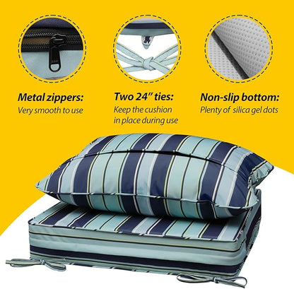 AAAAAcessories Outdoor Seat Cushions for Chairs, Fade-Resistant, Waterproof Patio Furniture Replacement Cushions, 23.5" x 25.5" x 5" + 23.5" x 19", Ash Teal Seaside Stripe