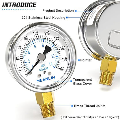 MEANLIN MEASURE 0~200Psi Dry Pressure Gauge Stainless Steel 1/4" NPT 2" FACE DIAL Waterproof for Air Compressor Air Regulator Water Filter Lower Mount, with 1/2" NPT and 3/8" NPT Hex Bushing