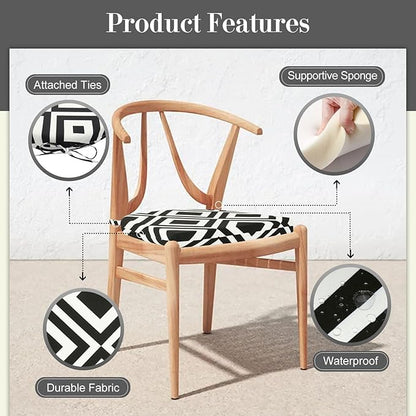 Cozyide Outdoor Chair Cushions, Waterproof Patio Seat Cushions with Adjustable Straps, Round Corner Patio Chair Cushions for Garden, Black Geometry, 17x16x2 Inch (Pack of 2)