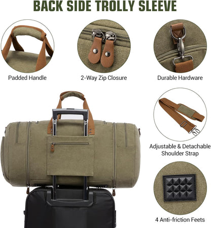 Sucipi Canvas Travel Duffel Bag for Men, Weekend Overnight Bag with Shoe Compartment and Toiletry Bag, Carry-On for Airplanes, Army green