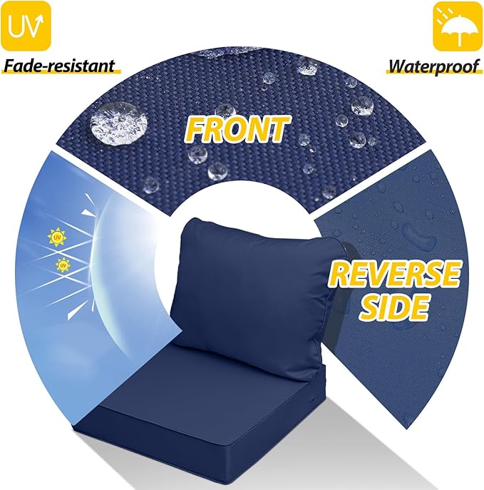 AAAAAcessories Outdoor Seat Cushions for Chairs, Fade-Resistant, Waterproof Patio Furniture Replacement Cushions, 23.5" x 25.5" x 5" + 23.5" x 19", Navy Blue