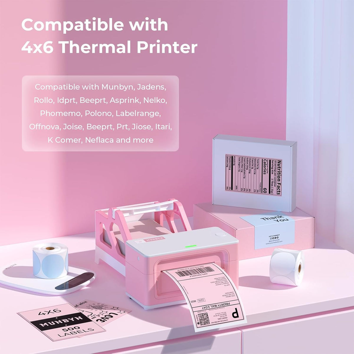 MUNBYN 4"x6" Pink Direct Thermal Shipping Labels, Commercial Grade Permanent Adhesive Fanfold Mailing Postage Label Paper for Thermal Printers and Packages, 500 Sheets per Stack