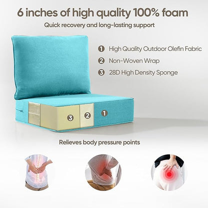 6" Thick Outdoor Cushion, 24*24*6" Patio Furniture Cushions with Waterproof Patio Furniture Cushions with Removable Cover, 28D High Density Patio Cushion for Outdoor Furniture, Light Blue-8pcs