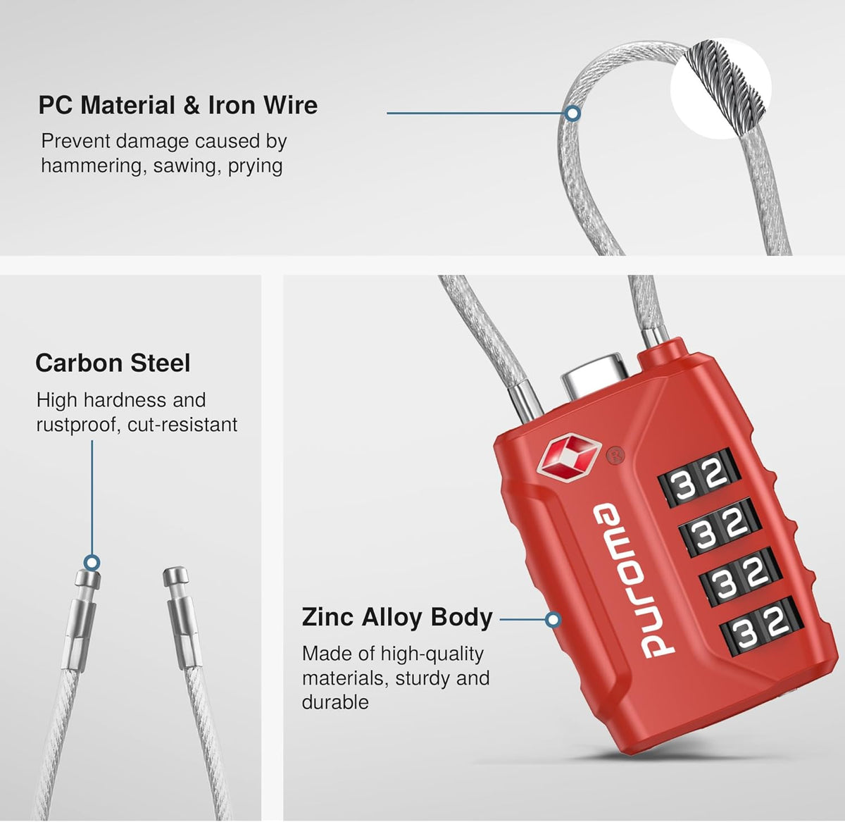 Puroma 2 Pack TSA Approved Luggage Lock, 4 Digit Combination Travel Locks Resettable Code Lock with Zinc Alloy Body for Suitcase, Toolbox, Backpack, Bag, Gym Locker (Red)
