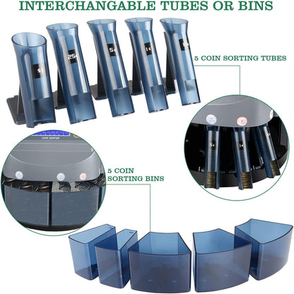 8T8 USD Coin Counter Machine - Professional Automatic Coin Sorter and Wrapper/Roller with LCD Display and 5 Coin Bins and Tubes