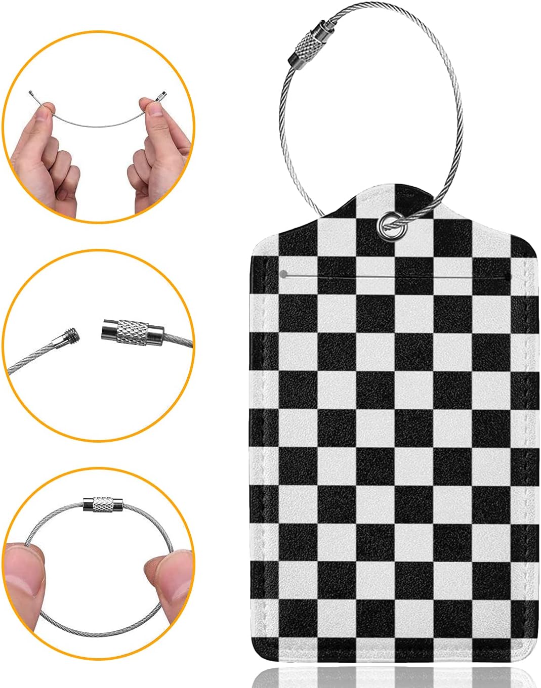 2 Pack Luggage Tags for Travel PU Leather Luggage Tag Name ID Labels with Privacy Cover for Suitcases Women Men Kids Girls (Black and White Grid)