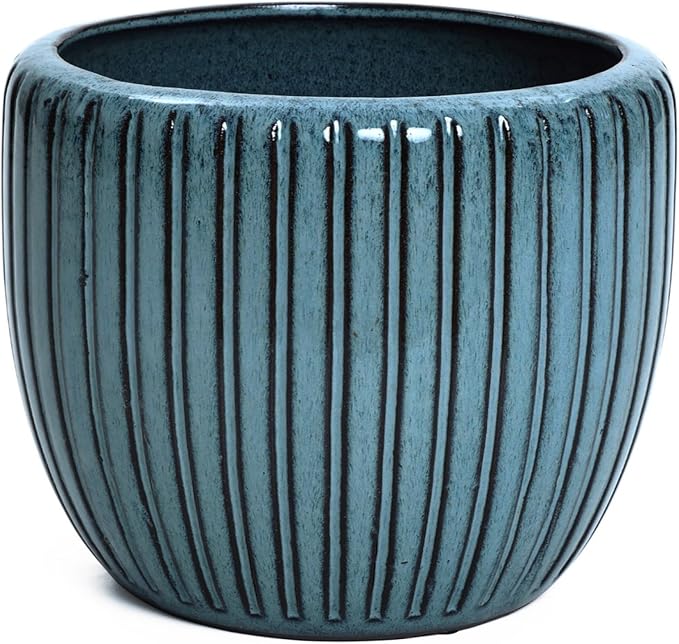 LuxenHome 11" Dia Ceramic Planters, Indoor Outdoor Large Plant Pots with Drainage Holes and Rubber Plug, Modern Glazed Decorative Flower Pots, Sea Green Ribbed Round Planters for Home Garden Patio