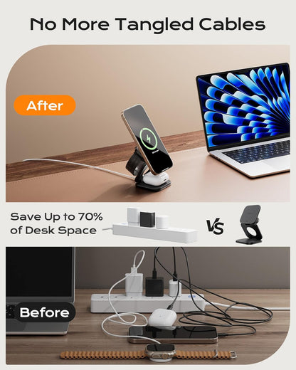 KU XIU Qi2.2 25W Magnetic Wireless Charger, Foldable 3 in 1 Travel Charging Station for iPhone 17/16/15/14/13/12, 5W for Apple Watch & AirPods, Aluminum Alloy Design, 45W GaN Adapter Included, Black