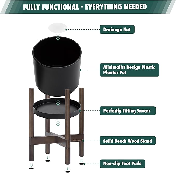D'vine Dev Planter Pot with Stand - 14 Inch Plastic Cylinder Flower Pot with Wood Planter Holder for Indoor, Matte Black Pot + Walnut Color Stand, 55-C-R-2
