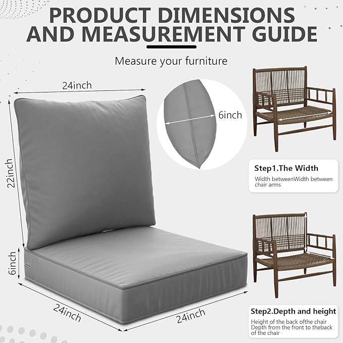 24" x 24" x 6" Outdoor Deep Seat Cushions Set - Waterproof & Fade Resistant Patio Furniture Replacement Cushions, Non-Slip Outdoor Cushions Fit Loveseats, Couches, Chairs, and Sofas.