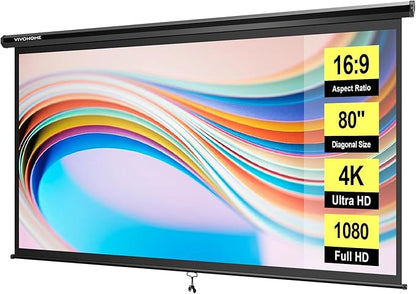 VIVOHOME 80 Inch 16:9 Pull Down Projector Screen, HD 4K Retractable Movie Screen