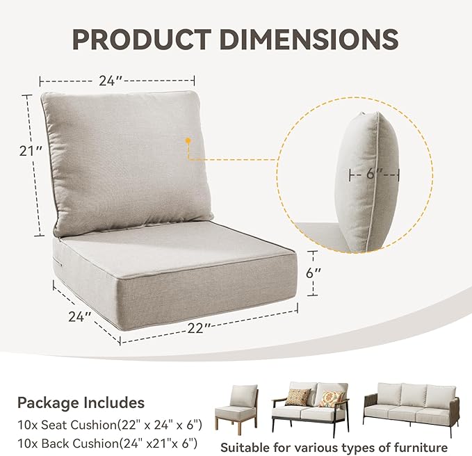 Outdoor Cushion Set for Furniture Patio Furniture, UV Resistant, Water Resistant - 6 Inch Thick Foam Garden Cushions – 22x24 Inch Patio Seat Covers for Chair/Sofa/Couch | Beige | 10-Pack |