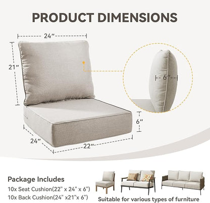 Outdoor Cushion Set for Furniture Patio Furniture, UV Resistant, Water Resistant - 6 Inch Thick Foam Garden Cushions – 22x24 Inch Patio Seat Covers for Chair/Sofa/Couch | Beige | 10-Pack |